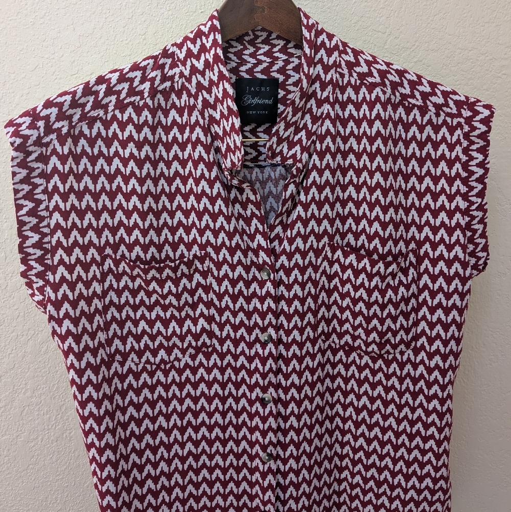 Jach's Girlfriend Red + White Chevron Cuffed Sleeve Button Down Blouse. Size M